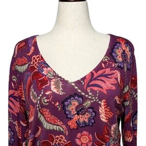Chicos Sweater Women XL 3 Purple Floral Vibrant V-Neck Long Sleeve Boho Top